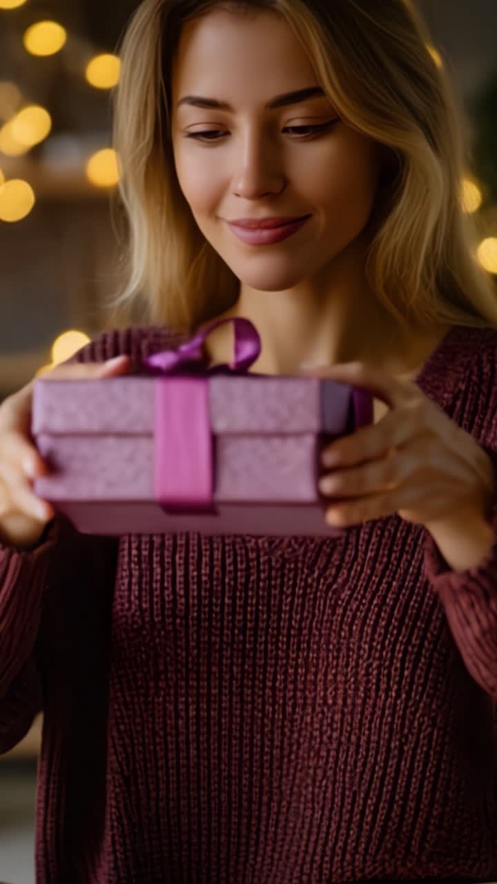 Una giovane donna sorpresa scarta con entusiasmo un regalo mentre è avvolta dal caldo bagliore delle luci natalizie, catturando la gioia di dare e ricevere presenti