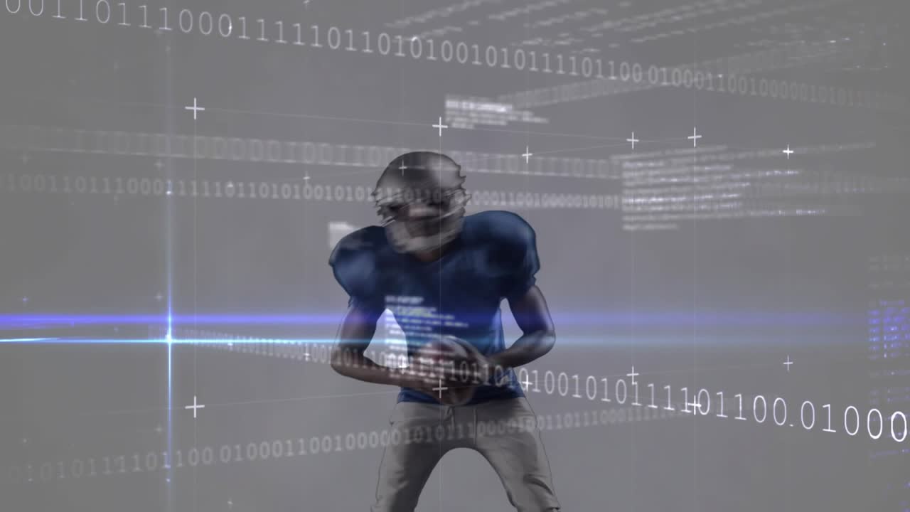 Quarterback gripping football reacting to blue light sweeps, pulsing binary code in sports tech