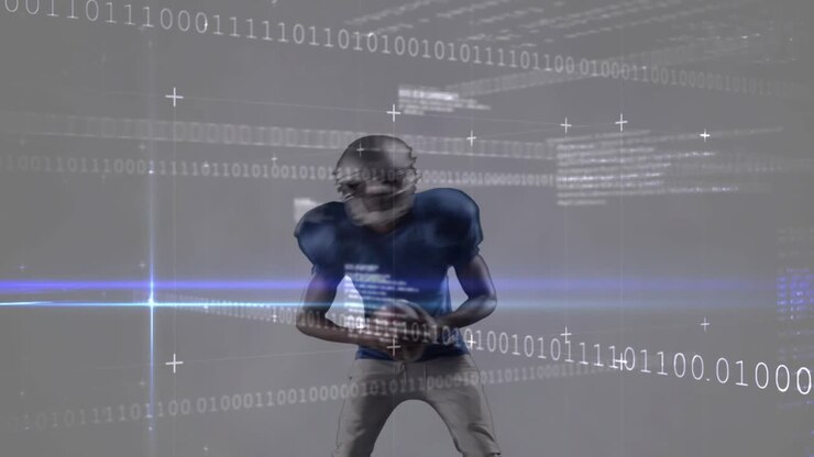 Quarterback che stringe un pallone reagendo a scansioni di luce blu, codice binario pulsante nella tecnologia sportiva