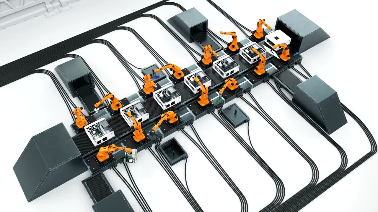 Robotic Arms Assembling Computers On Conveyor Belt. Advanced Automated Process. Looped 3d Animation. Business and Technology Concept.