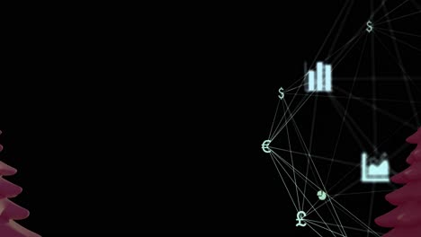 animation of network of connections with icons over cityscape on dark background