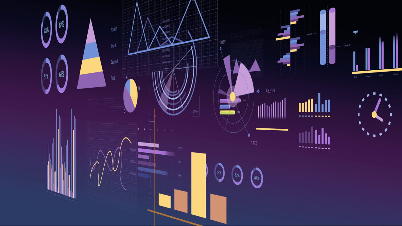 Animation of statistics and financial data processing over purple background