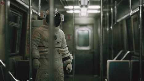 astronauta dentro del viejo vagón de metro no modernizado en ee.uu.