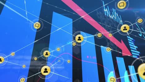 Animation-of-financial-data-processing-with-pink-arrow-descending-and-network-of-connections-with-ic