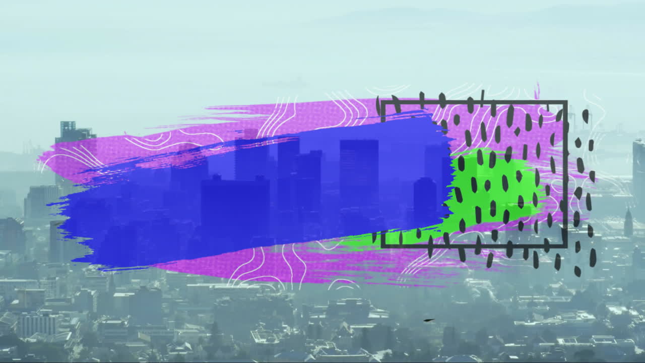 Abstract overlay floating over city, showing blue purple green strokes, frame, dots and contours