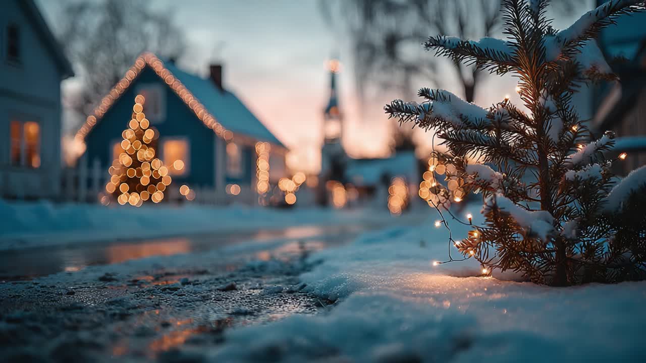 A serene winter evening scene showcases a beautifully decorated home adorned with twinkling lights, surrounded by snow and a festive Christmas tree, creating a warm holiday ambiance