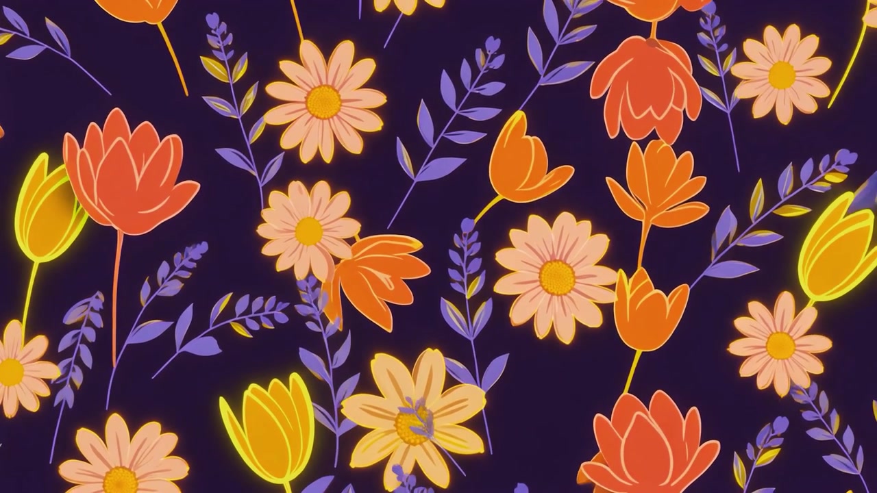 Animated Floral Pattern with Vibrant Flowers on Dark Background