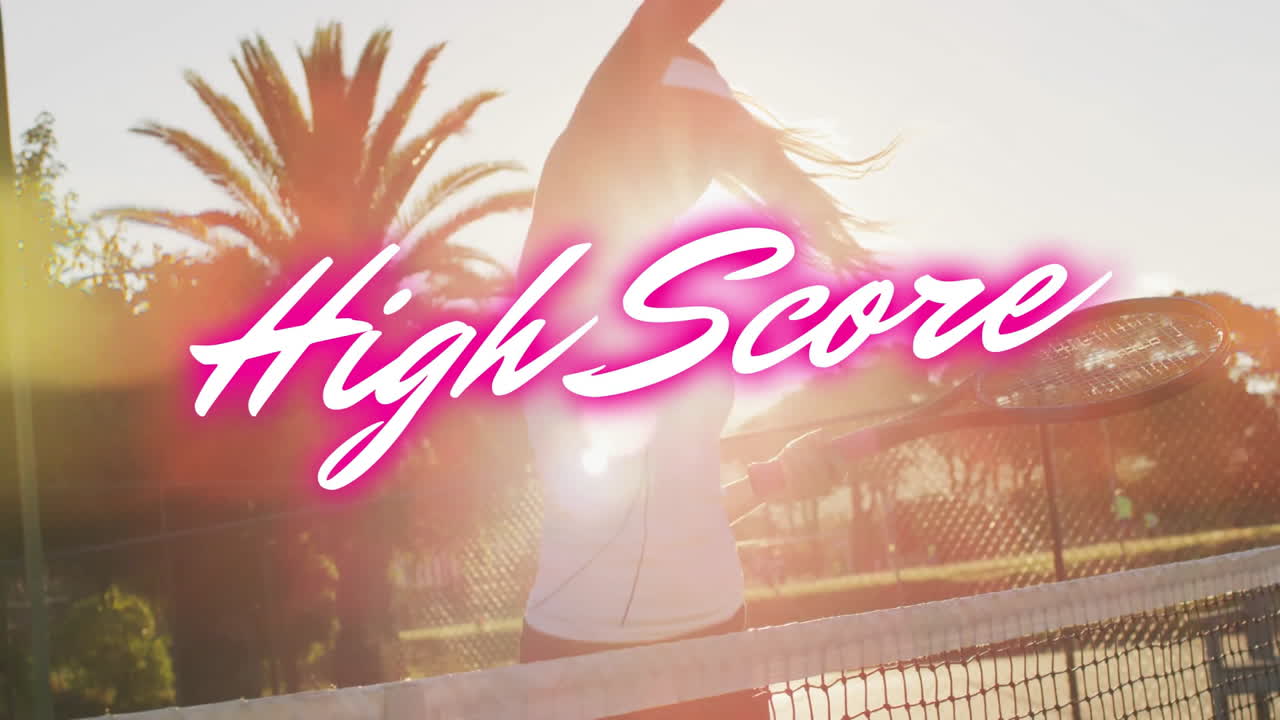 Celebrating on sunny court, tennis player with animation of High Score text