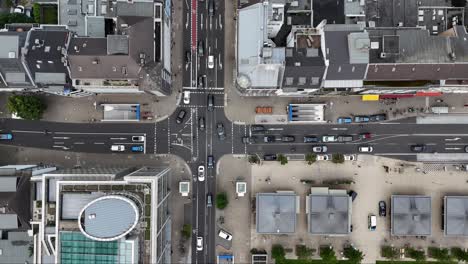 top down static shot of busy downtown intersection, dusseldorf germany