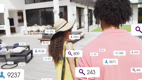 Social media engagement animation over people walking near modern building