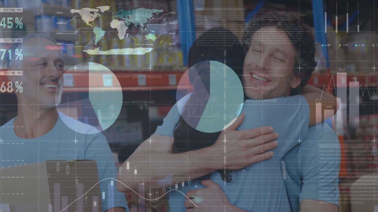 animación del procesamiento de datos sobre personas felices abrazándose en el almacén