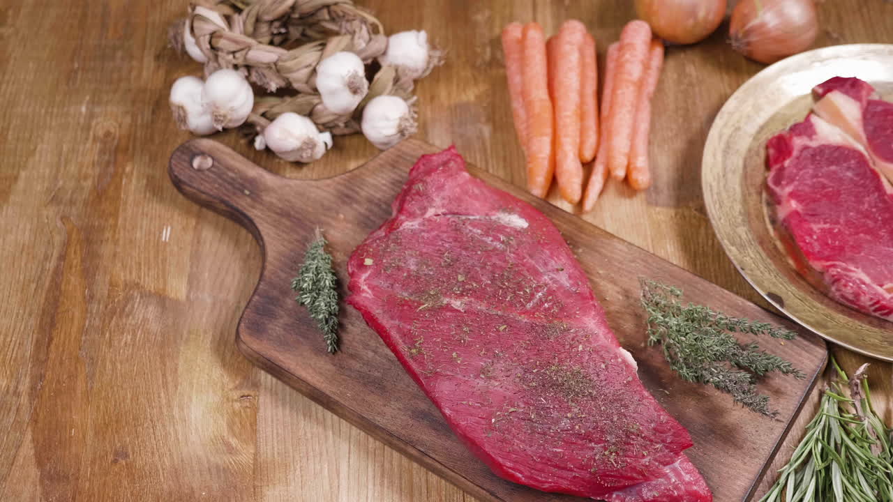 Raw steak with carrots and garlic