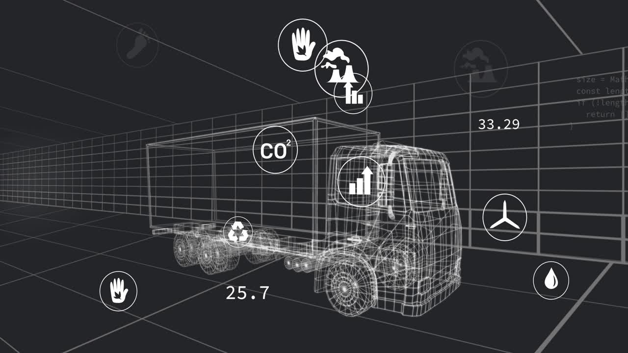 Starting with wireframe truck activating data icons updating metrics tracking emissions in 3D grid