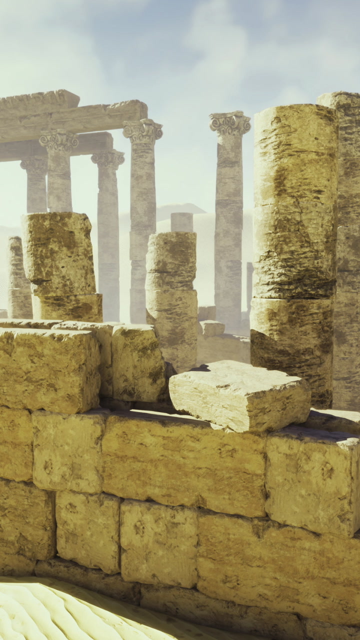 Antiche rovine circondate dalla sabbia con colonne e strutture in pietra