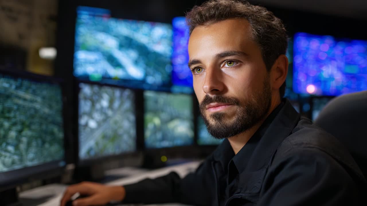 Focused Male Operator Analyzing Data on Multiple Screens in a High-Tech Control Room Setting, Highlighting the Importance of Surveillance Technology in Modern-Day Operations and Management