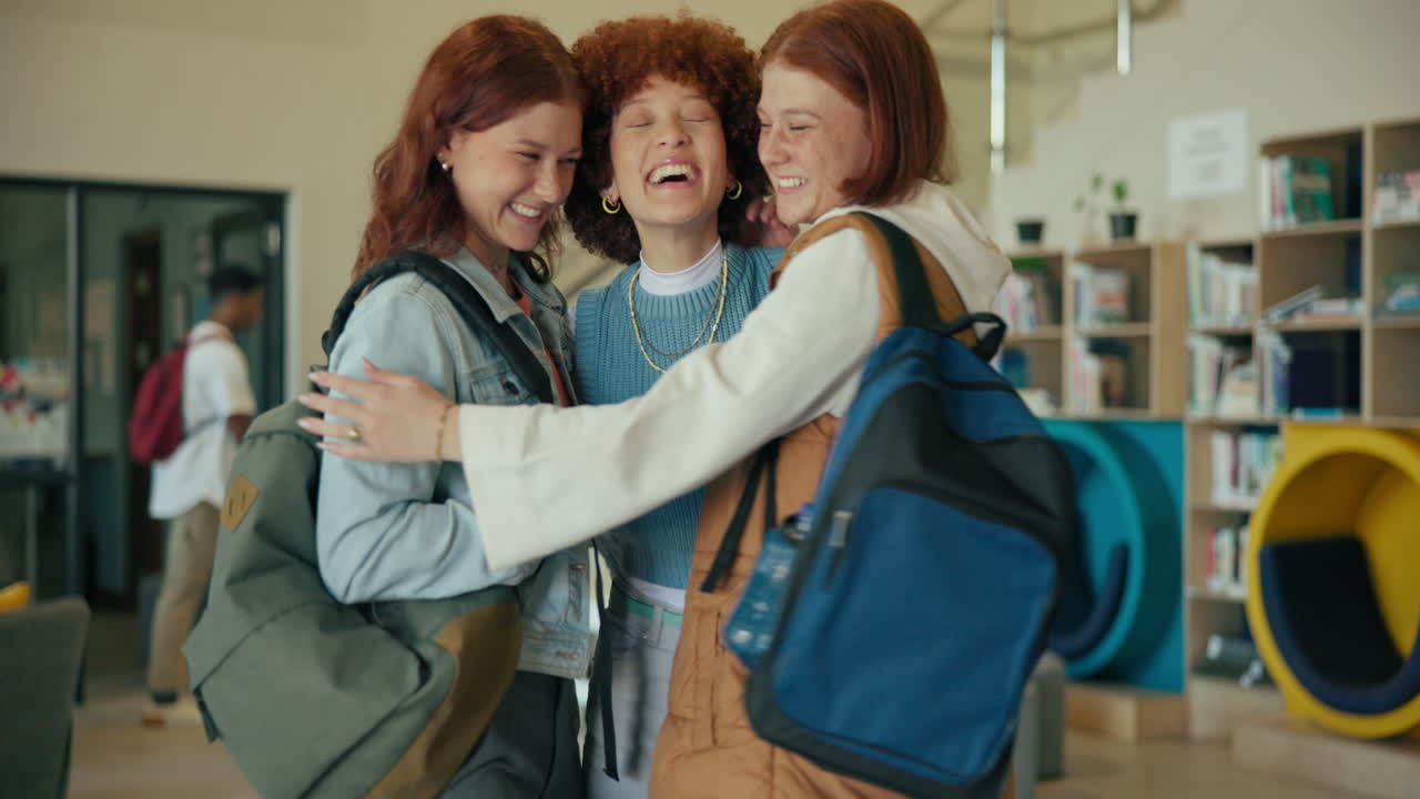 Friends hugging in a library