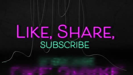 animation of like, share, subscribe text in pink and blue neon letters on black background