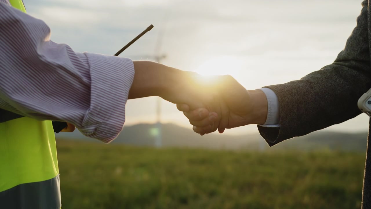 Two wind turbine technicians in grassy field communicate using walkietalkies with turbines in