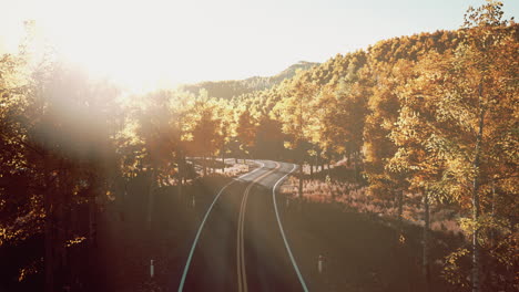 road and yellow mountain forest at sunset