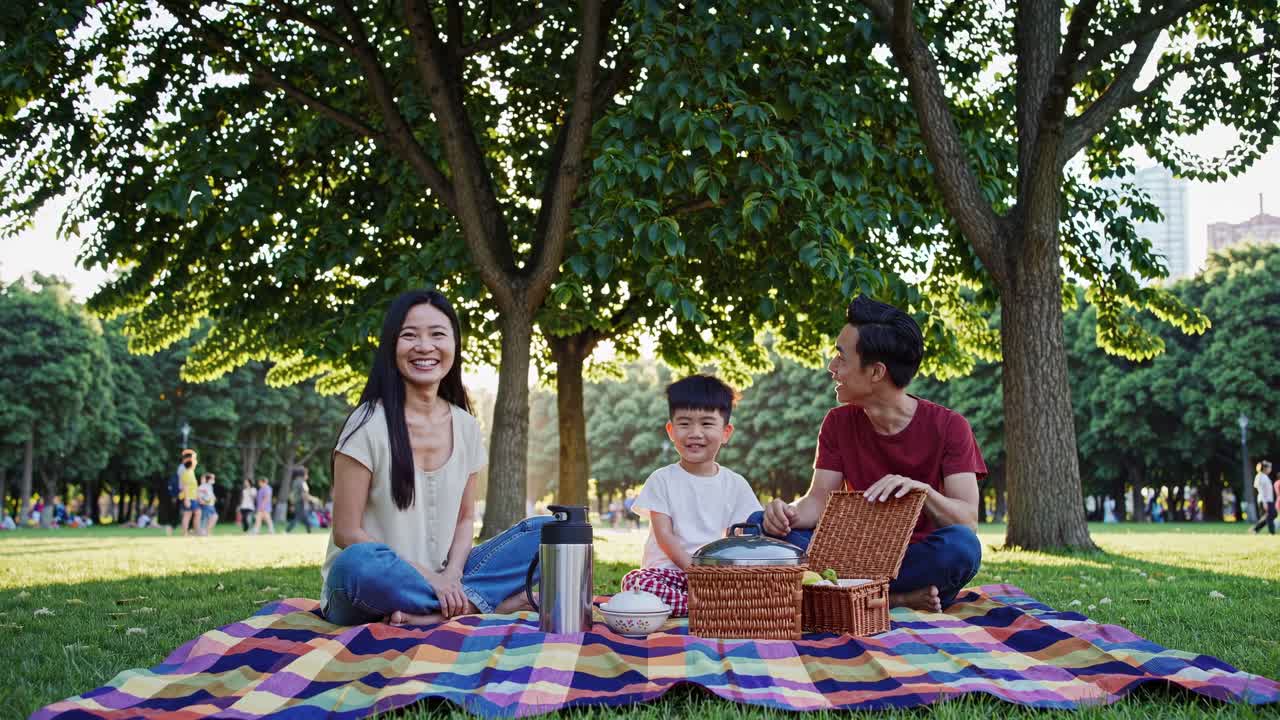 행복한 가족, 어머니, 아버지, 아들, 공원에서 담요에 앉아, 나무의 그늘 아래 함께 피크닉을 즐기고, 피크닉 바구니를 열고
