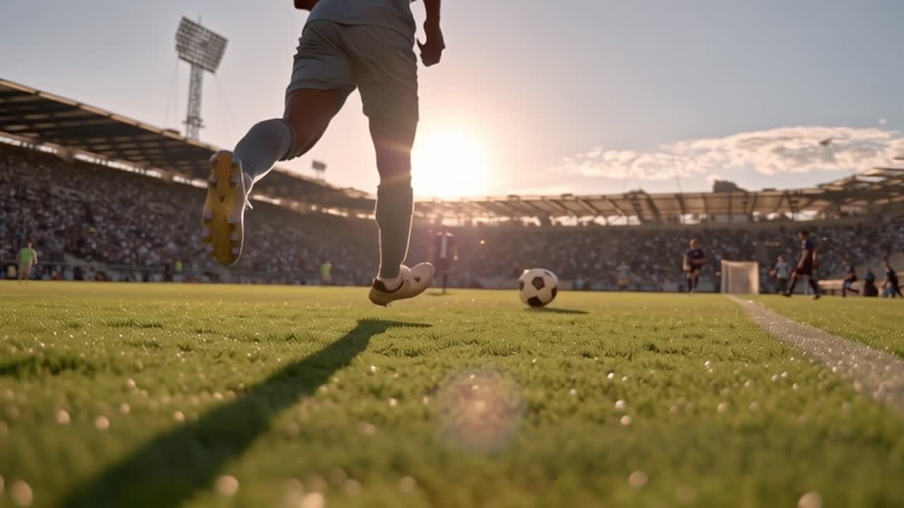 Fodboldspiller dribler med bolden på stadionbane ved solnedgang