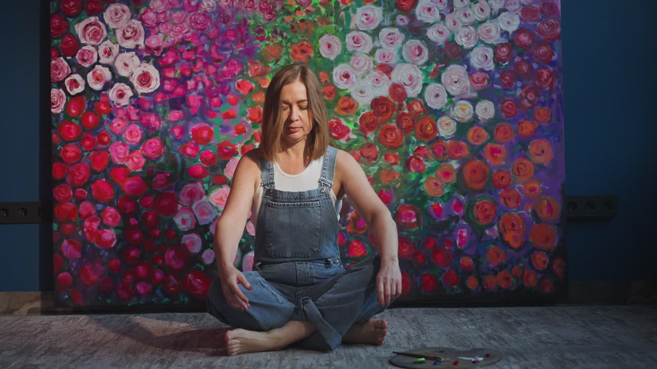 Donna che medita davanti a un vibrante dipinto floreale