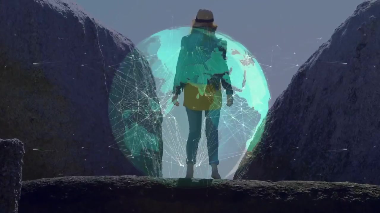 Mujer excursionista caminando por una cornisa estrecha, un globo turquesa aparece a la altura de las piernas y luego crece para mostrar tecnología de red.