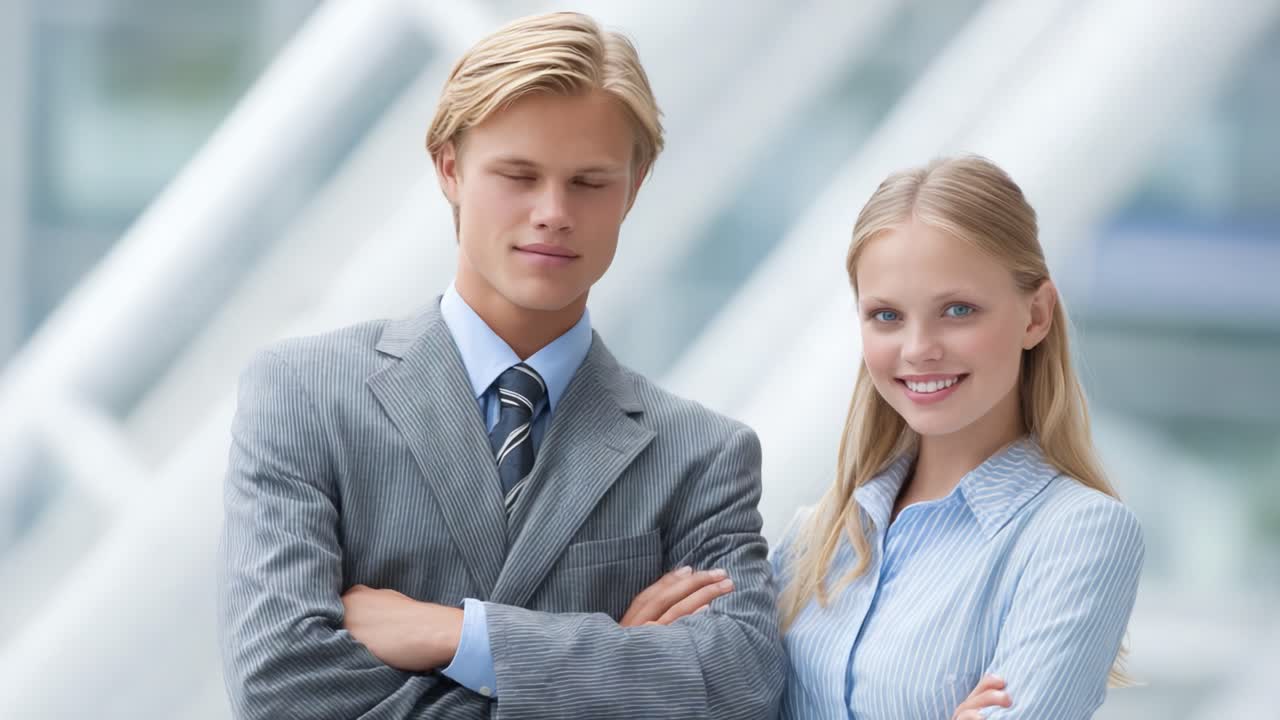 A Confident Young Business Duo Posing Together in a Professional Setting, Showcasing Style and Unity in Their Business Attire and Expressions