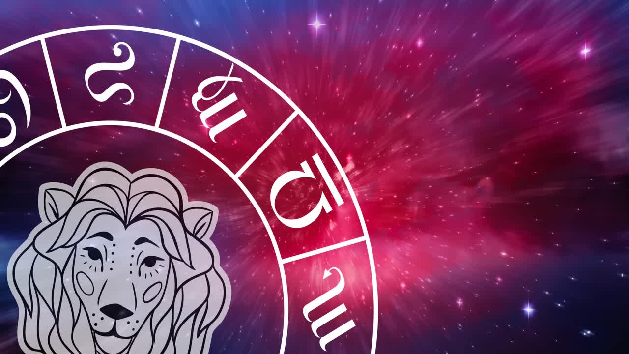 빛나는 별 위에서 회전하는 별자리 바 ⁇ 에서 레오 별자리 기호의 애니메이션