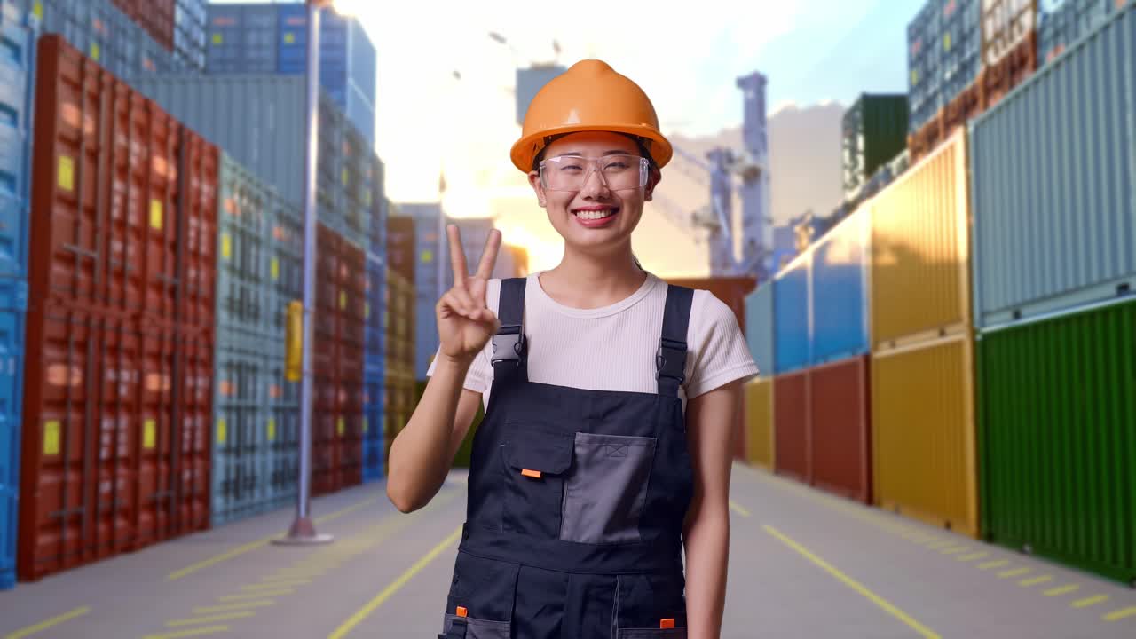 Asian Woman Worker Wearing Goggles And Safety Helmet Smiling And Showing Peace Gesture To Camera While Standing At Container Yard Warehouse