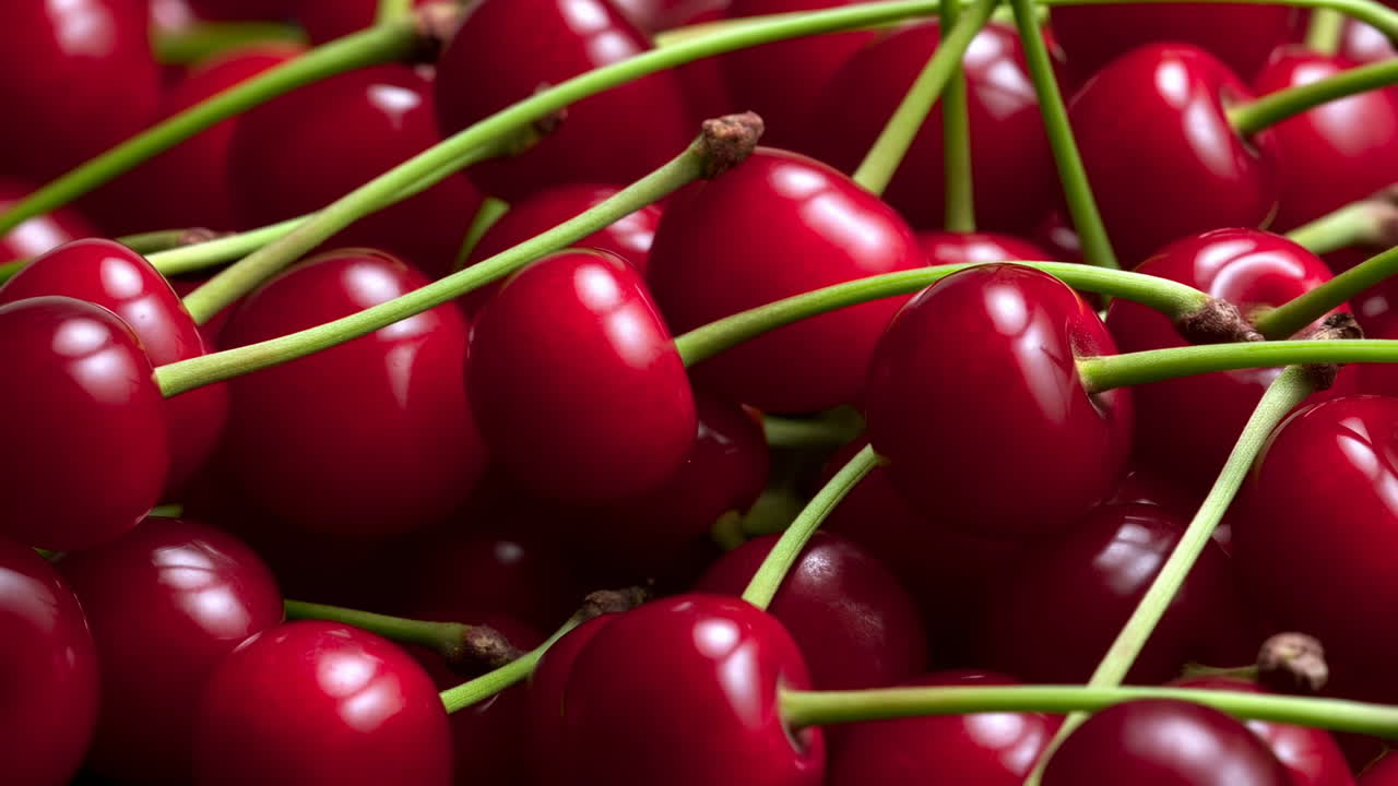 Спелые красные вишни, плотно уложенные, глянцевая кожура и зеленые стебли переплетаются под драматическим студийным освещением, глубокий.