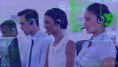 animation of data processing over diverse business people wearing phone headsets