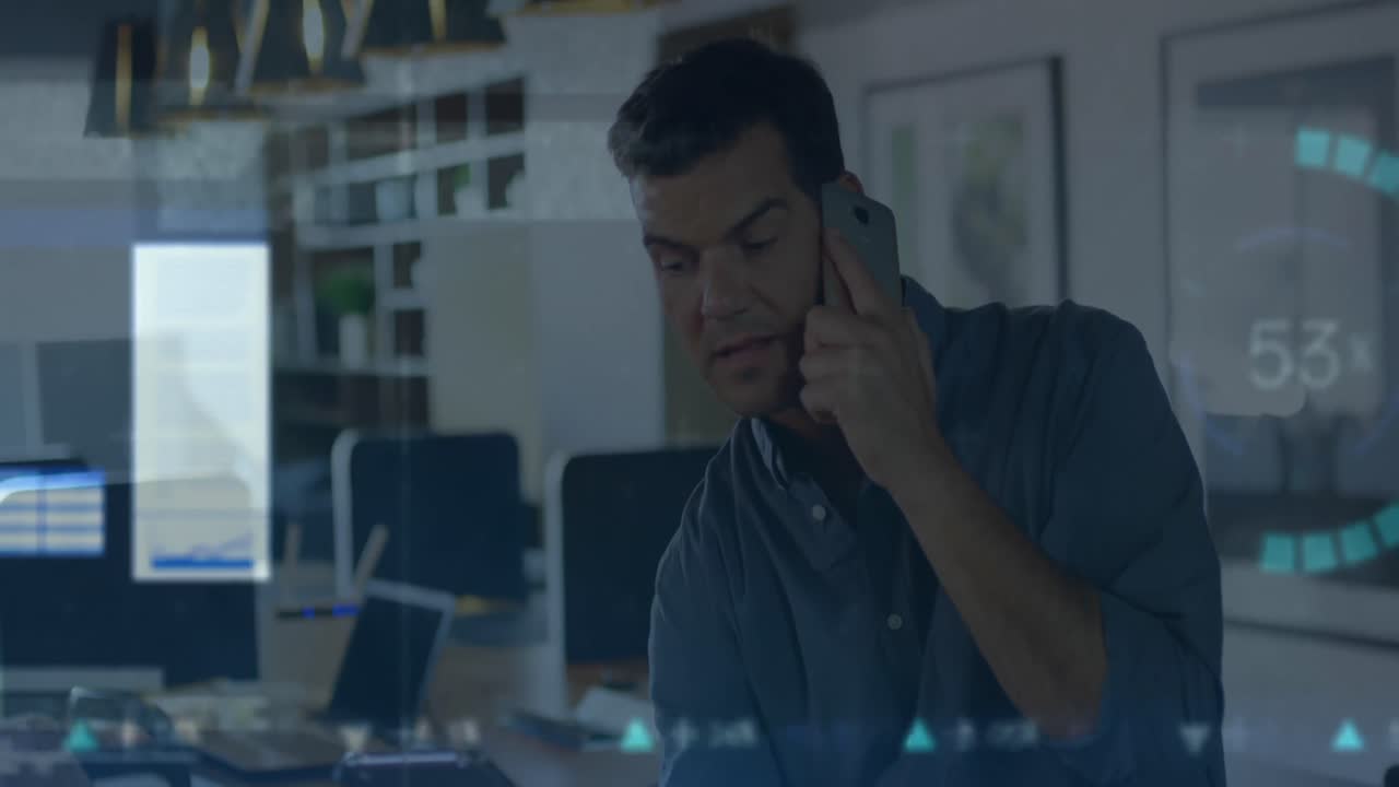 Animation of caucasian businessman using tablet over with smartphone