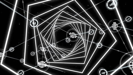 digital animation of network of digital icons against glowing hexagonal tunnel on black background