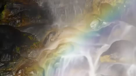 a serene waterfall scene with vibrant rainbows illuminating the cascading water and lush surroundings, capturing nature's beauty in motion