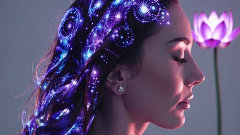 A side profile of a woman with digital cosmic patterns in her hair, captured in a close-up angle