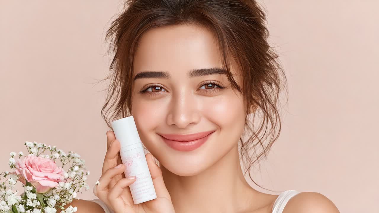 Bellezza radiosa: una modella luminosa presenta un prodotto per la cura della pelle con dettagli floreali e trucco naturale su sfondo rosa tenue