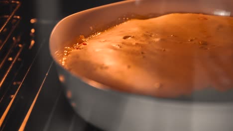 pastel delicioso casero horneado en el horno de primer plano. lapso de tiempo con pastel en crecimiento a temperatura caliente