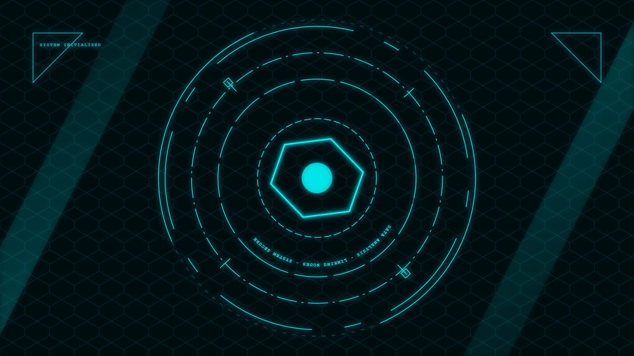 Futuristic Digital HUD Interface with Rotating Hexagon and Data Analysis