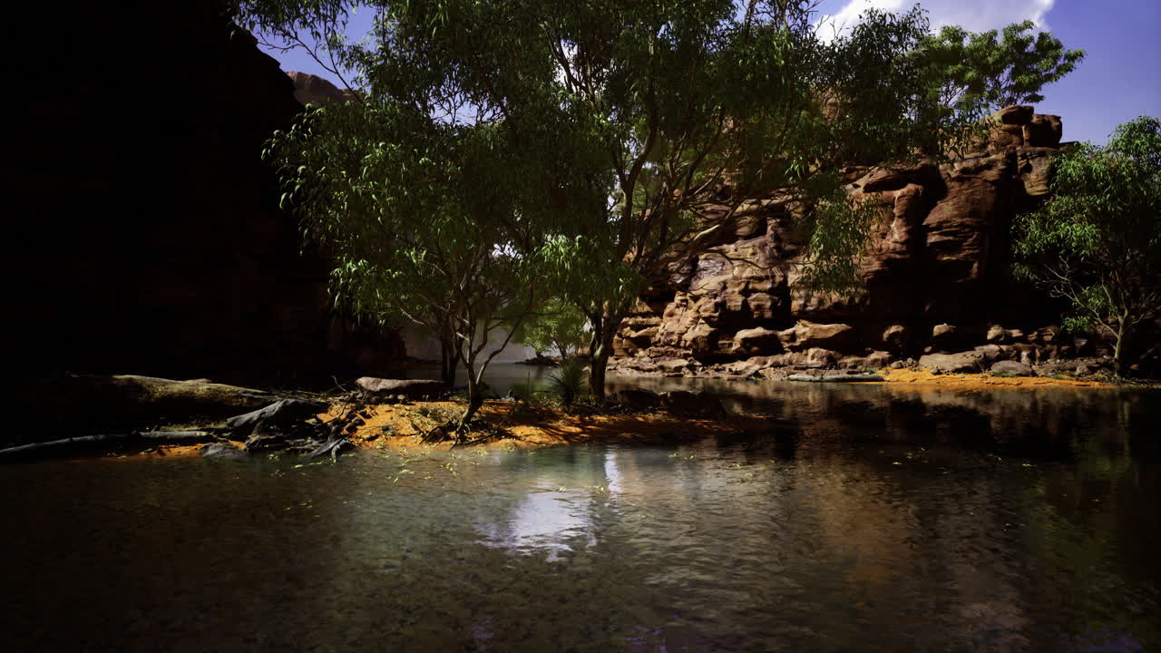 Scenic view of a tranquil water source surrounded by rocky formations