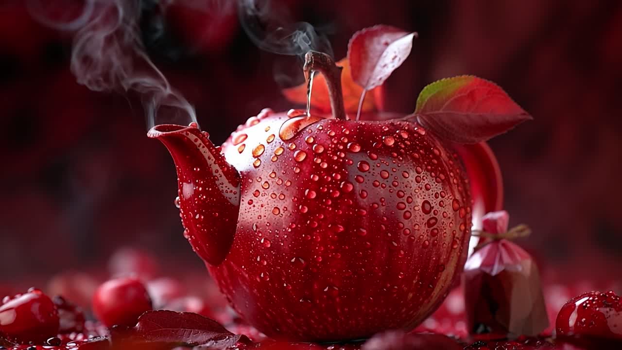 Red apple teapot with steaming aroma. A vibrant red teapot shaped like an apple emits steam, surrounded by fresh apples and red leaves on a dark surface.