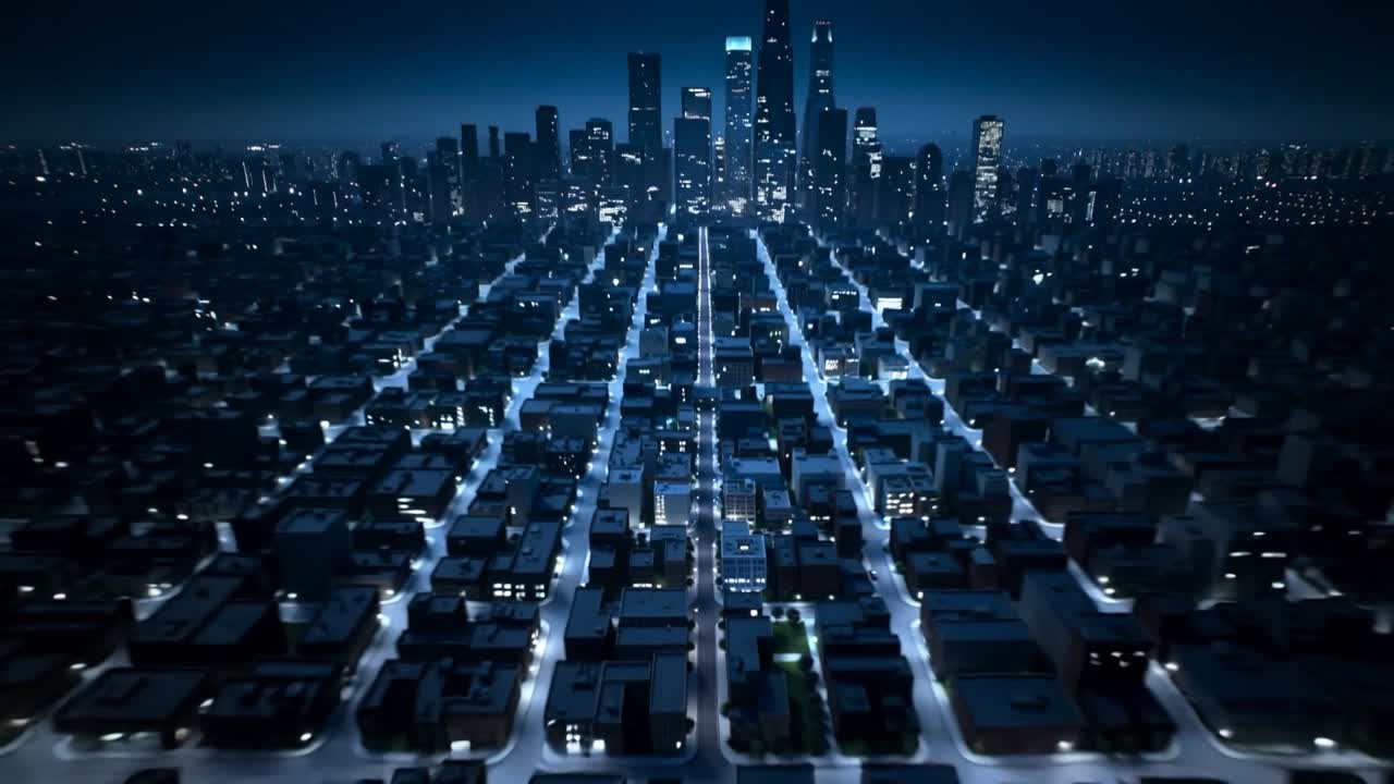 Câmera recuando e subindo, revelando longa avenida noturna, mostrando postes de luz e o horizonte para um panorama.