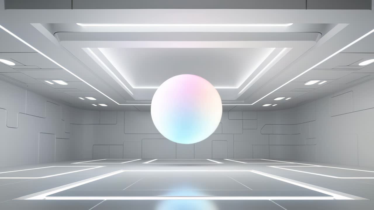 Futuristisk rum med glødende LED-linjer, fanget fra en lav engel