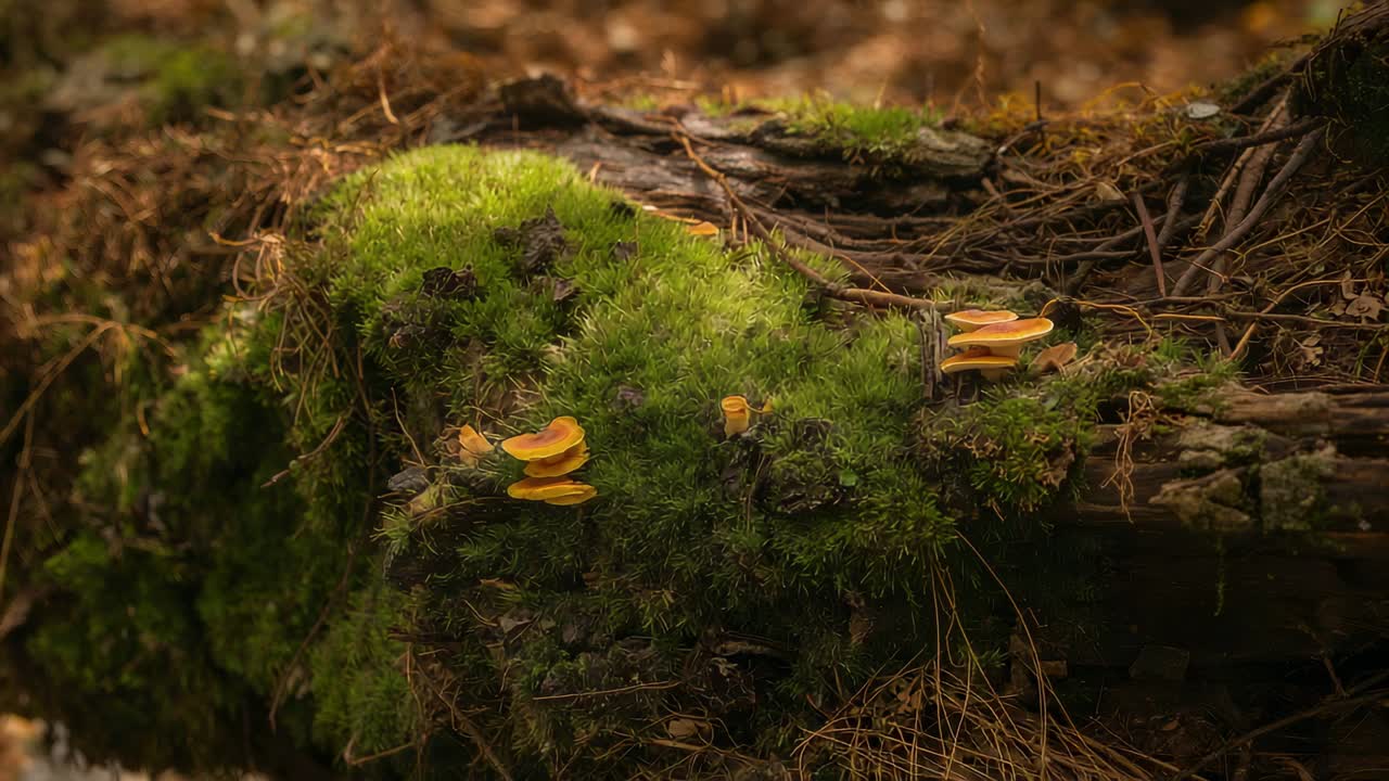 Pulling back camera revealing mossy fallen log on forest floor, with orange shelf fungi