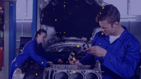 two mechanics testing engine parts in automotive workshop, displaying floating yellow star icons