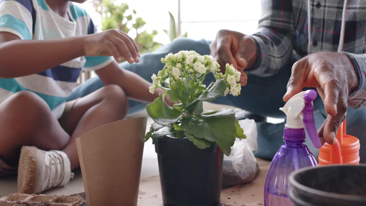Midesction of african american grandfather and grandson watering flowers on balcony, slow motion