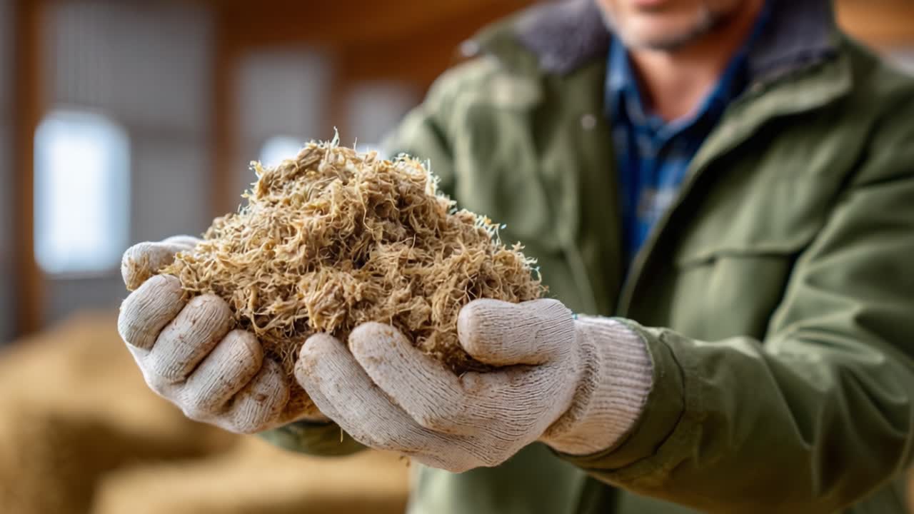 An Individual with Gloved Hands Holding a Dense Clump of Natural Material, Showcasing the Texture and Color Variations Under Ample Indoor Lighting