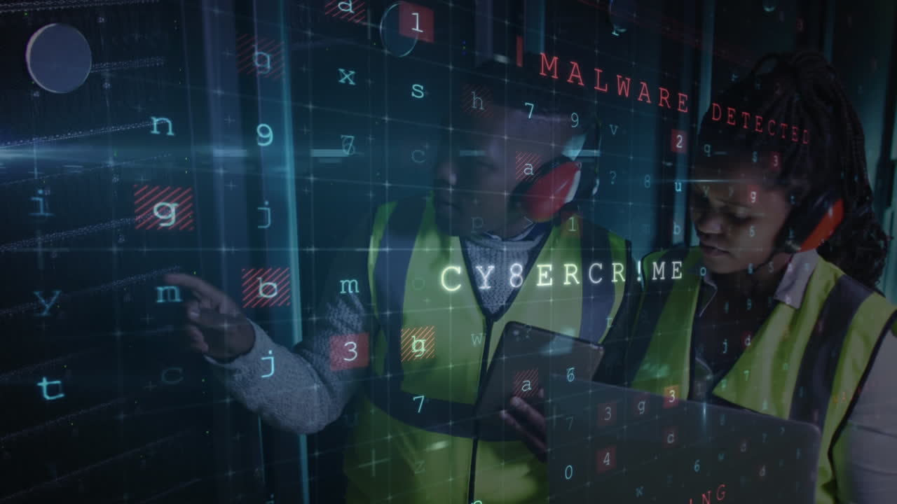 animación del procesamiento de datos en diversas personas que usan portátiles por servidores de computadoras