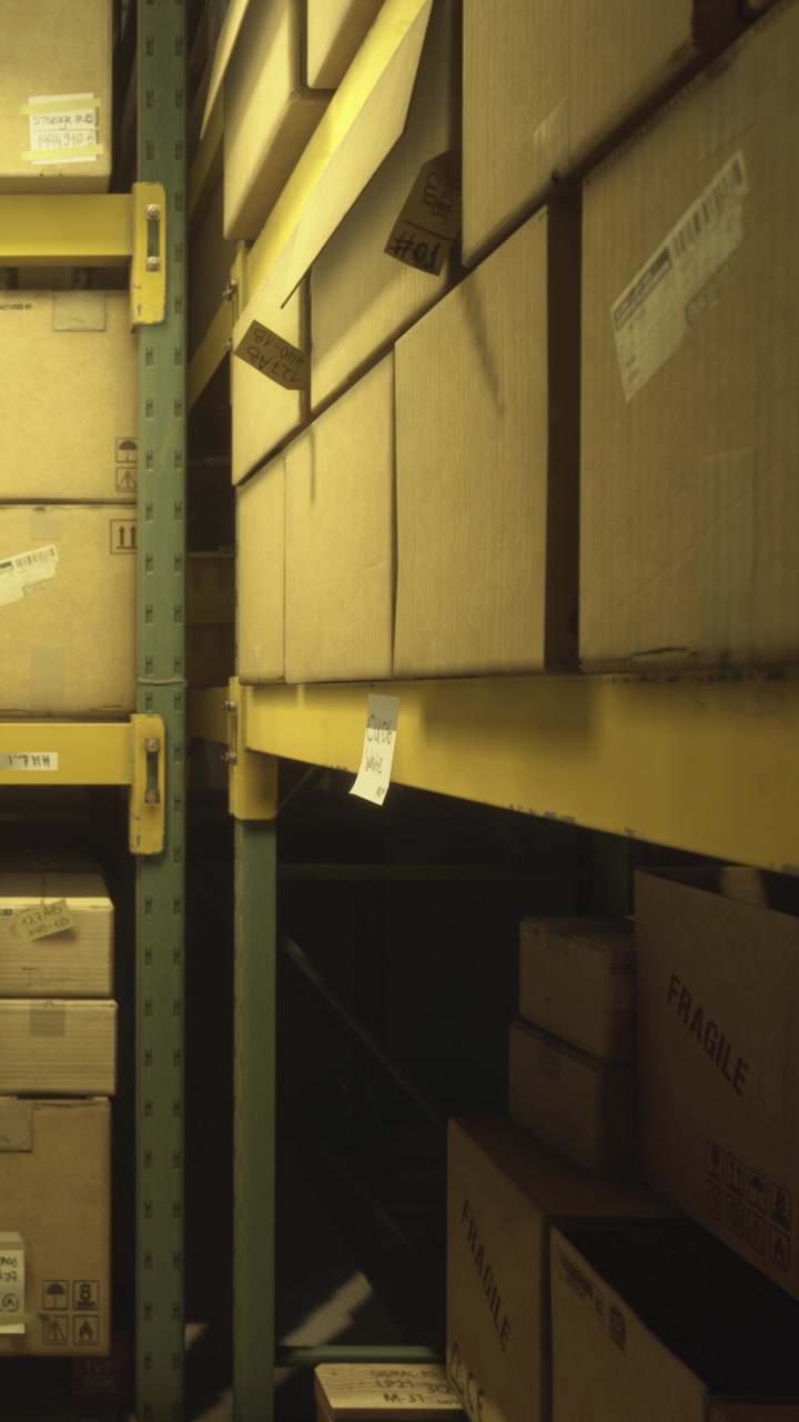 Boxes stacked high in a dimly lit warehouse during late afternoon hours