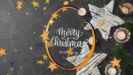 animación de feliz navidad y feliz año nuevo texto sobre decoraciones de navidad.